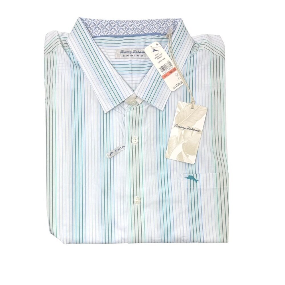 Tommy Bahama Mens Blue Striped Collared Button Palm Shirt Plus Sz 3XL Big New
